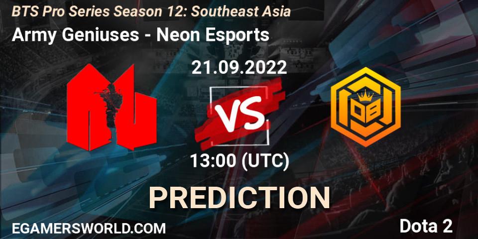 Army Geniuses vs Neon Esports: Match Prediction. 21.09.2022 at 12:58, Dota 2, BTS Pro Series Season 12: Southeast Asia