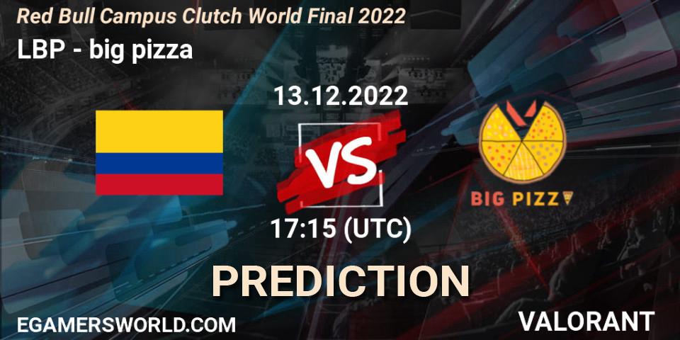 LBP vs big pizza: Match Prediction. 13.12.2022 at 17:15, VALORANT, Red Bull Campus Clutch World Final 2022
