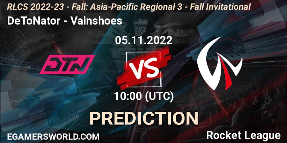 DeToNator vs Vainshoes: Match Prediction. 05.11.2022 at 10:00, Rocket League, RLCS 2022-23 - Fall: Asia-Pacific Regional 3 - Fall Invitational