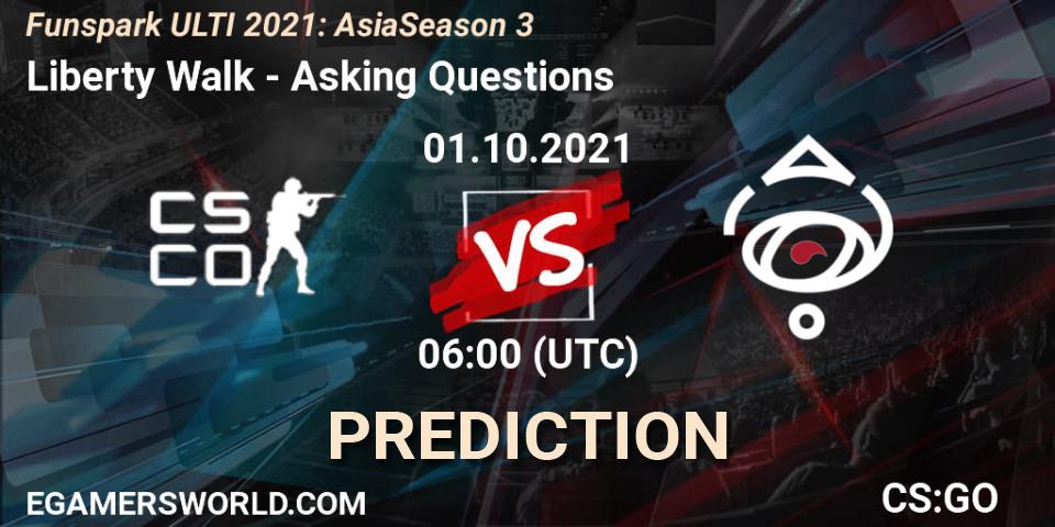 Liberty Walk vs Asking Questions: Match Prediction. 01.10.2021 at 06:00, Counter-Strike (CS2), Funspark ULTI 2021: Asia Season 3