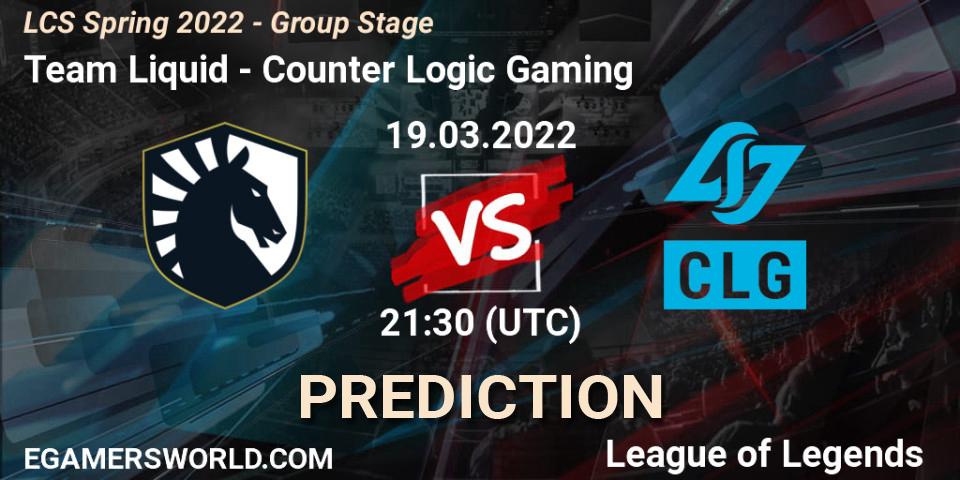 Team Liquid vs Counter Logic Gaming: Match Prediction. 19.03.2022 at 22:30, LoL, LCS Spring 2022 - Group Stage
