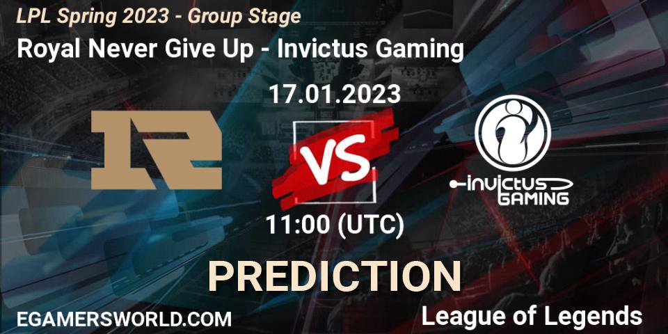 Royal Never Give Up vs Invictus Gaming: Match Prediction. 17.01.2023 at 11:00, LoL, LPL Spring 2023 - Group Stage