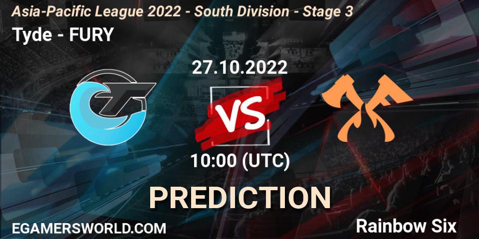 Tyde vs FURY: Match Prediction. 27.10.2022 at 10:00, Rainbow Six, Asia-Pacific League 2022 - South Division - Stage 3