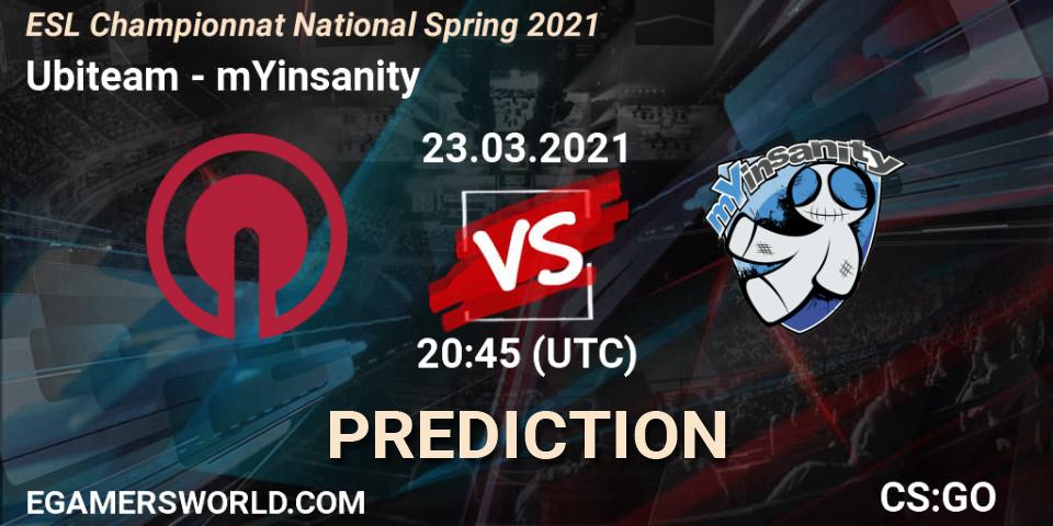 Ubiteam vs mYinsanity: Match Prediction. 23.03.2021 at 20:45, Counter-Strike (CS2), ESL Championnat National Spring 2021