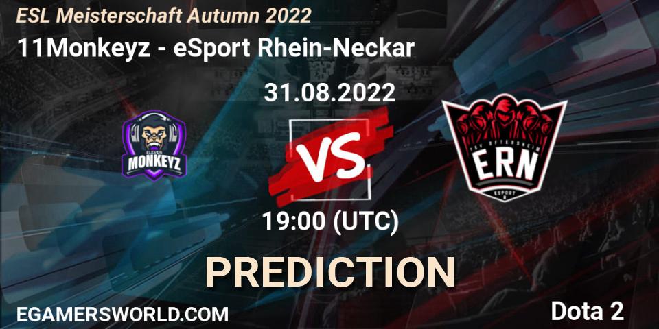 11Monkeyz vs eSport Rhein-Neckar: Match Prediction. 31.08.2022 at 19:00, Dota 2, ESL Meisterschaft Autumn 2022