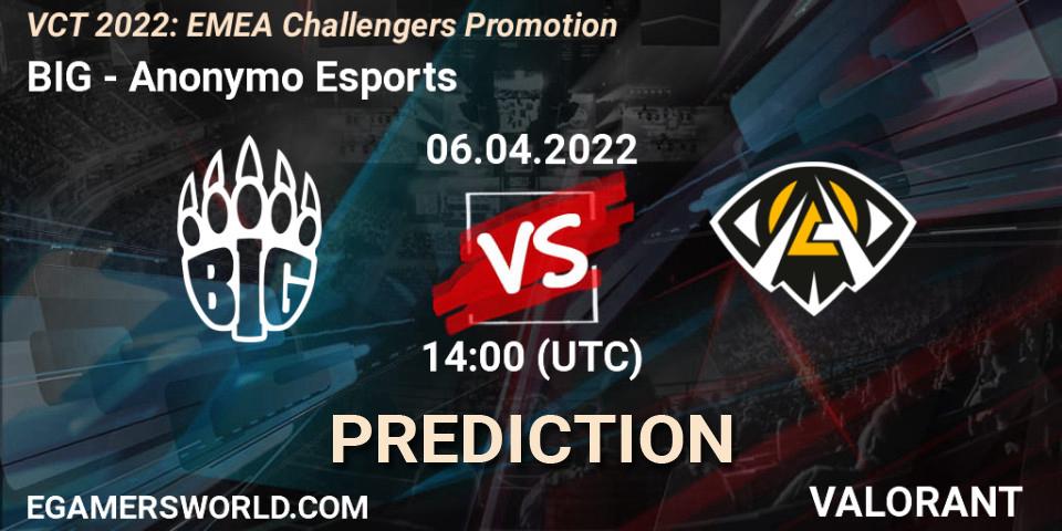 BIG vs Anonymo Esports: Match Prediction. 06.04.2022 at 14:00, VALORANT, VCT 2022: EMEA Challengers Promotion