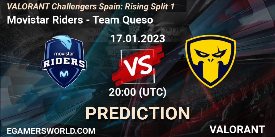 Movistar Riders vs Team Queso: Match Prediction. 17.01.2023 at 20:45, VALORANT, VALORANT Challengers 2023 Spain: Rising Split 1