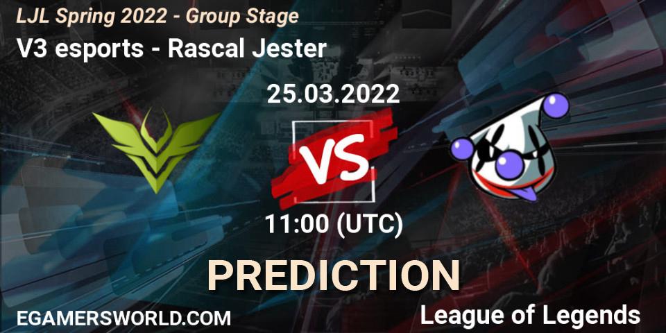 V3 esports vs Rascal Jester: Match Prediction. 25.03.2022 at 11:00, LoL, LJL Spring 2022 - Group Stage