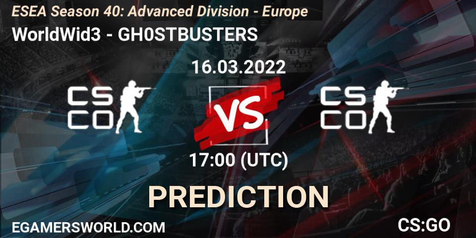 WorldWid3 vs GH0STBUSTERS: Match Prediction. 16.03.2022 at 17:00, Counter-Strike (CS2), ESEA Season 40: Advanced Division - Europe