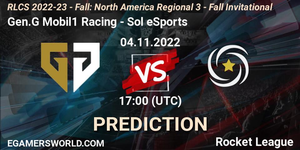 Gen.G Mobil1 Racing vs Sol eSports: Match Prediction. 04.11.2022 at 17:00, Rocket League, RLCS 2022-23 - Fall: North America Regional 3 - Fall Invitational