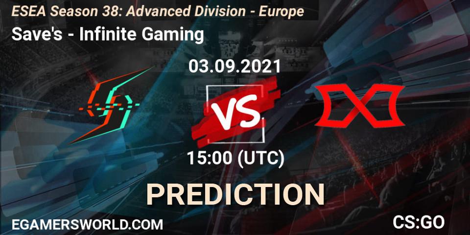 Save's vs Infinite Gaming: Match Prediction. 03.09.2021 at 15:00, Counter-Strike (CS2), ESEA Season 38: Advanced Division - Europe