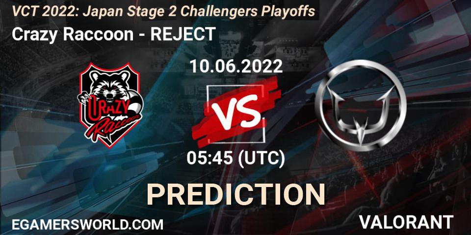 Crazy Raccoon vs REJECT: Match Prediction. 10.06.2022 at 05:45, VALORANT, VCT 2022: Japan Stage 2 Challengers Playoffs