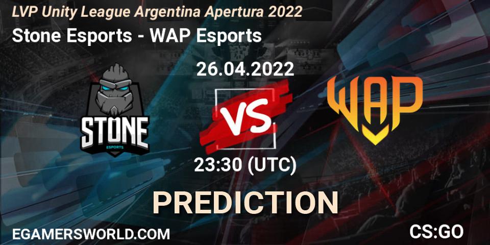 Stone Esports vs WAP Esports: Match Prediction. 26.04.2022 at 23:30, Counter-Strike (CS2), LVP Unity League Argentina Apertura 2022