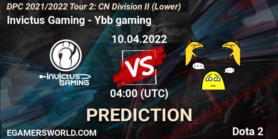 Invictus Gaming vs Ybb gaming: Match Prediction. 19.04.2022 at 04:00, Dota 2, DPC 2021/2022 Tour 2: CN Division II (Lower)