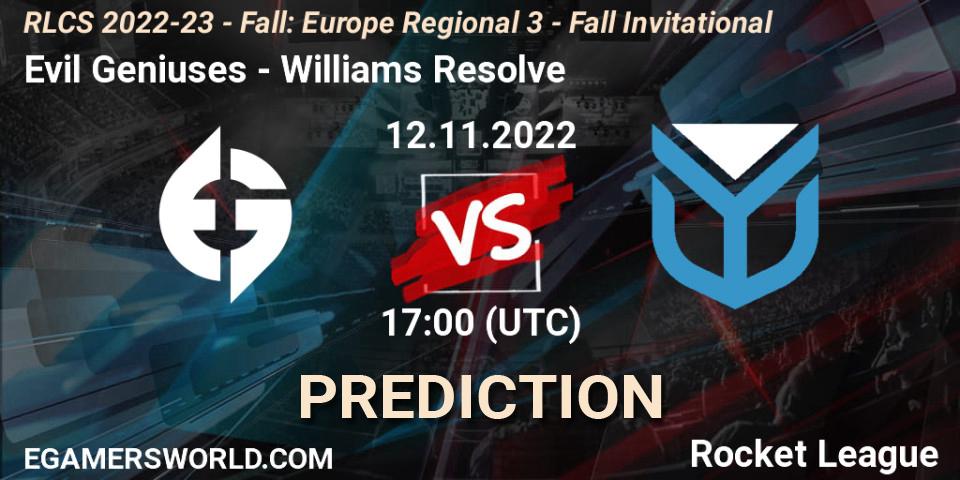 Evil Geniuses vs Williams Resolve: Match Prediction. 12.11.22, Rocket League, RLCS 2022-23 - Fall: Europe Regional 3 - Fall Invitational