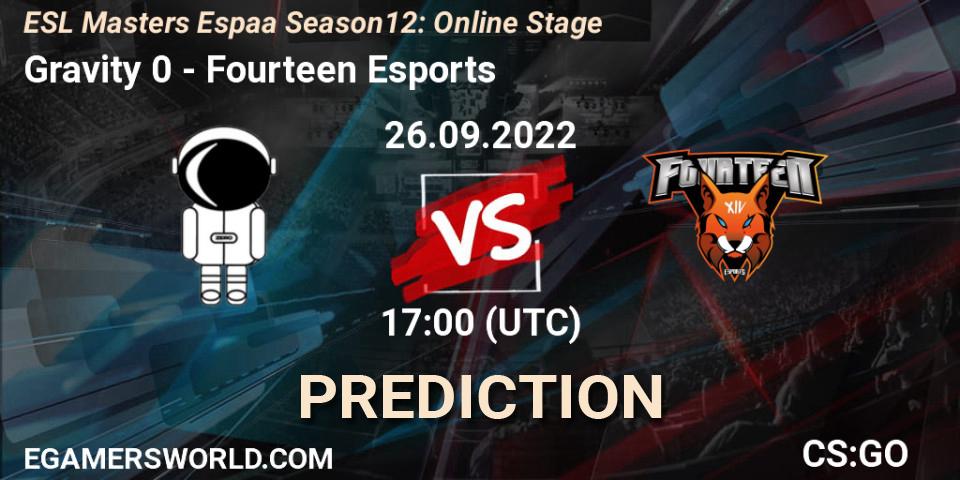 Gravity 0 vs Fourteen Esports: Match Prediction. 26.09.2022 at 17:00, Counter-Strike (CS2), ESL Masters España Season 12: Online Stage