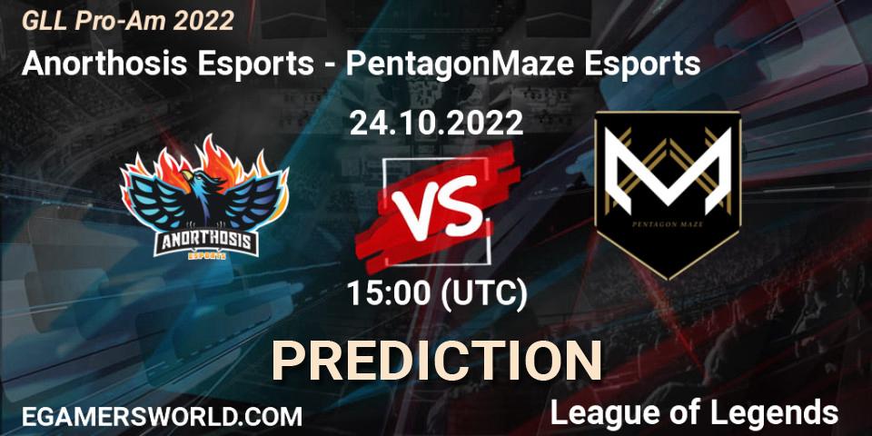 Anorthosis Esports vs PentagonMaze Esports: Match Prediction. 24.10.2022 at 15:00, LoL, GLL Pro-Am 2022