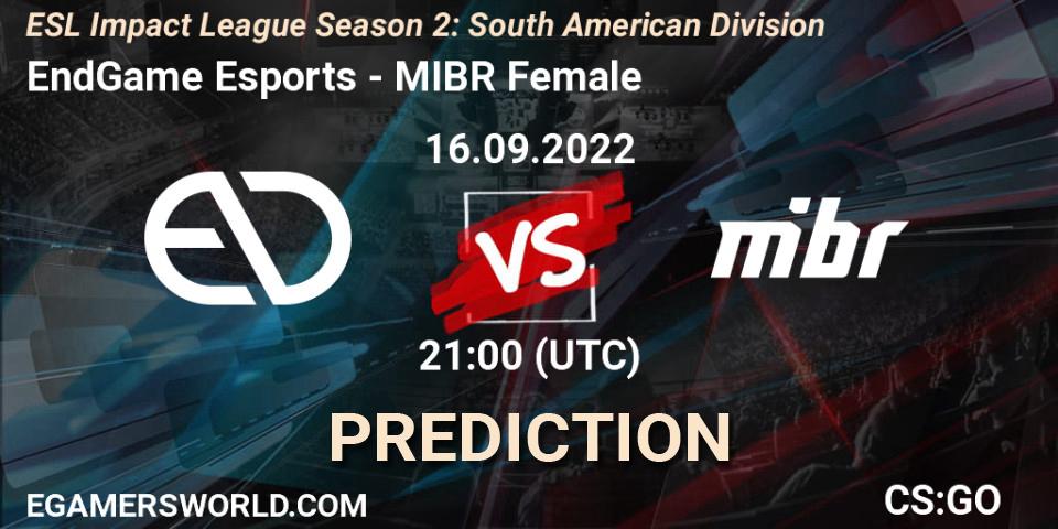 EndGame Esports vs MIBR Female: Match Prediction. 16.09.2022 at 21:00, Counter-Strike (CS2), ESL Impact League Season 2: South American Division