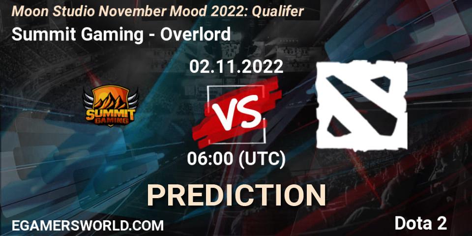 Summit Gaming vs Overlord: Match Prediction. 02.11.2022 at 06:04, Dota 2, Moon Studio November Mood 2022: Qualifer