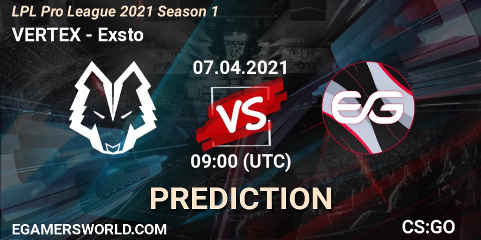 VERTEX vs Exsto: Match Prediction. 07.04.21, CS2 (CS:GO), LPL Pro League 2021 Season 1