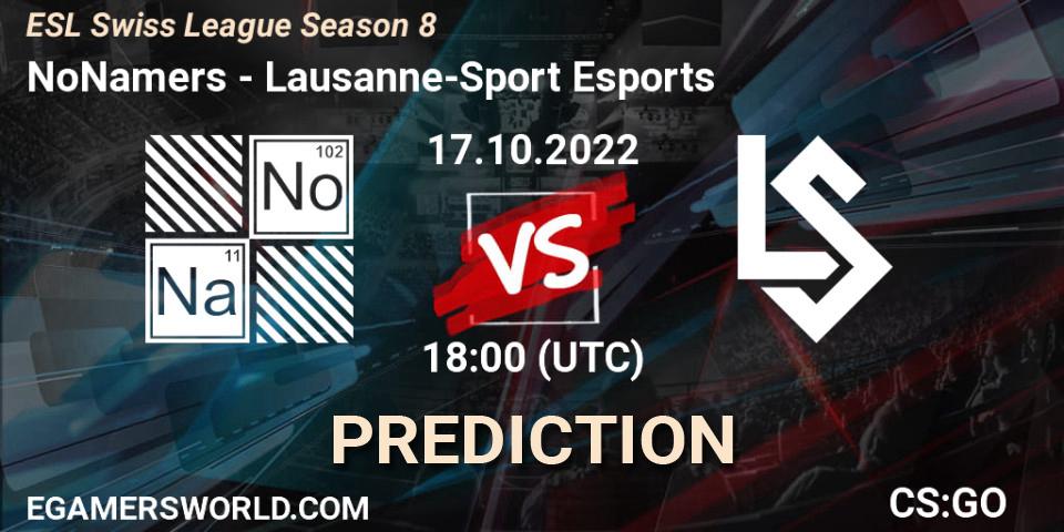NoNamers vs Lausanne-Sport Esports: Match Prediction. 17.10.2022 at 18:00, Counter-Strike (CS2), ESL Swiss League Season 8