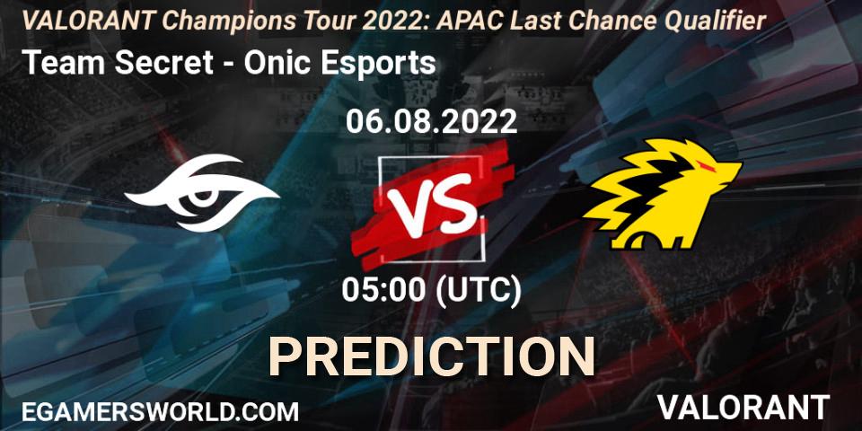 Team Secret vs Onic Esports: Match Prediction. 06.08.2022 at 05:00, VALORANT, VCT 2022: APAC Last Chance Qualifier