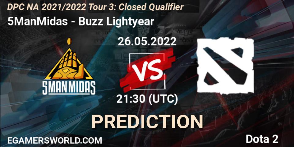 5ManMidas vs Buzz Lightyear: Match Prediction. 26.05.2022 at 21:34, Dota 2, DPC NA 2021/2022 Tour 3: Closed Qualifier
