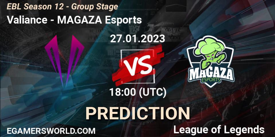 Valiance vs MAGAZA Esports: Match Prediction. 27.01.2023 at 18:00, LoL, EBL Season 12 - Group Stage