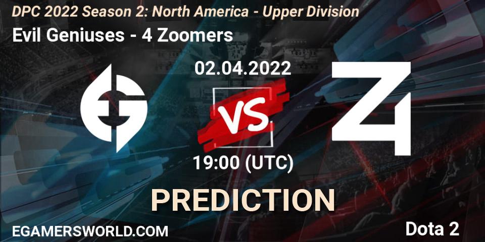 Evil Geniuses vs 4 Zoomers: Match Prediction. 02.04.2022 at 18:55, Dota 2, DPC 2021/2022 Tour 2 (Season 2): NA Division I (Upper) - ESL One Spring 2022