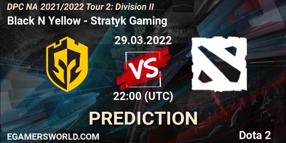 Black N Yellow vs Stratyk Gaming: Match Prediction. 29.03.2022 at 21:56, Dota 2, DP 2021/2022 Tour 2: NA Division II (Lower) - ESL One Spring 2022