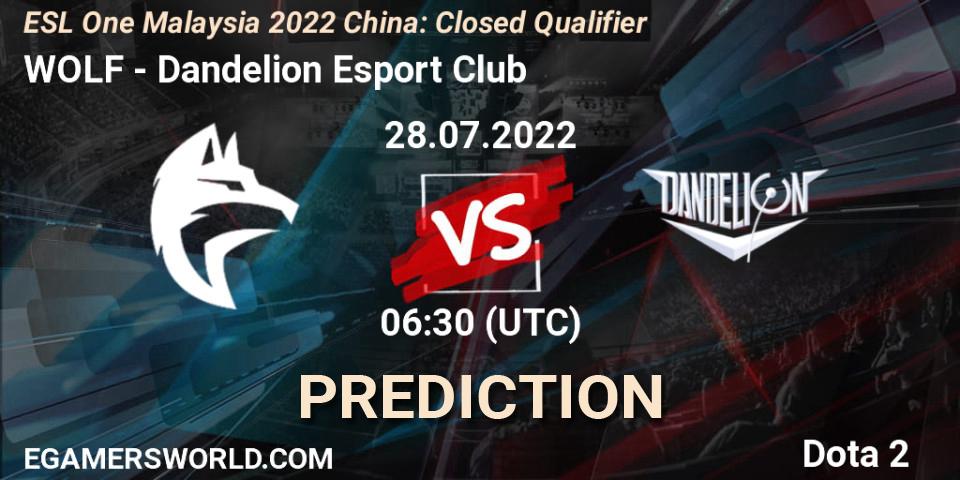 WOLF vs Dandelion Esport Club: Match Prediction. 28.07.2022 at 06:33, Dota 2, ESL One Malaysia 2022 China: Closed Qualifier