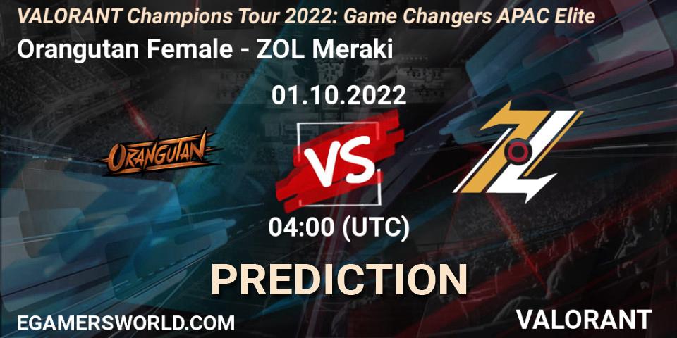 Orangutan Female vs ZOL Meraki: Match Prediction. 01.10.2022 at 04:00, VALORANT, VCT 2022: Game Changers APAC Elite