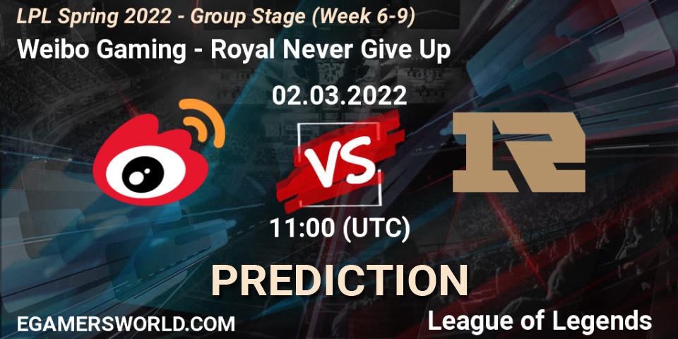 Weibo Gaming vs Royal Never Give Up: Match Prediction. 02.03.2022 at 11:15, LoL, LPL Spring 2022 - Group Stage (Week 6-9)