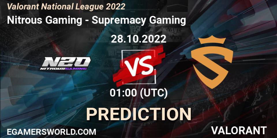 Nitrous Gaming vs Supremacy Gaming: Match Prediction. 28.10.2022 at 01:00, VALORANT, Valorant National League 2022