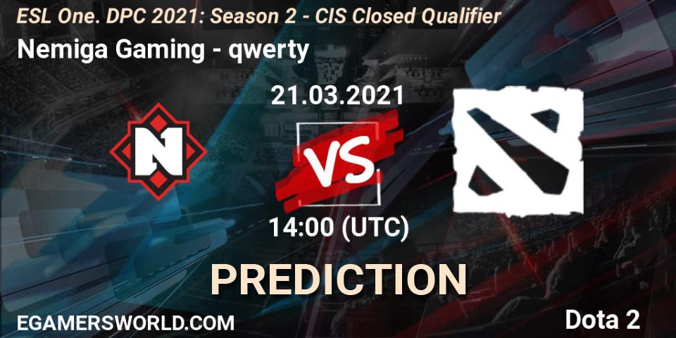 Nemiga Gaming vs qwerty: Match Prediction. 21.03.2021 at 13:59, Dota 2, ESL One. DPC 2021: Season 2 - CIS Closed Qualifier