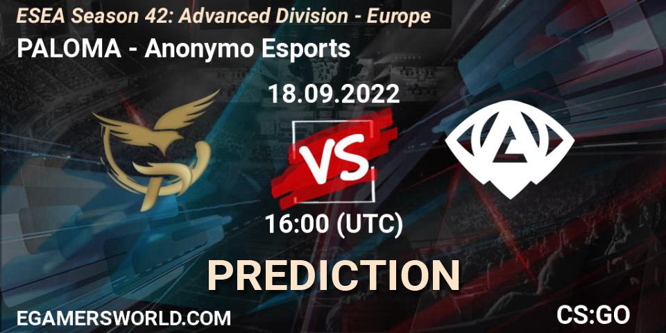 PALOMA vs Anonymo Esports: Match Prediction. 18.09.2022 at 16:00, Counter-Strike (CS2), ESEA Season 42: Advanced Division - Europe