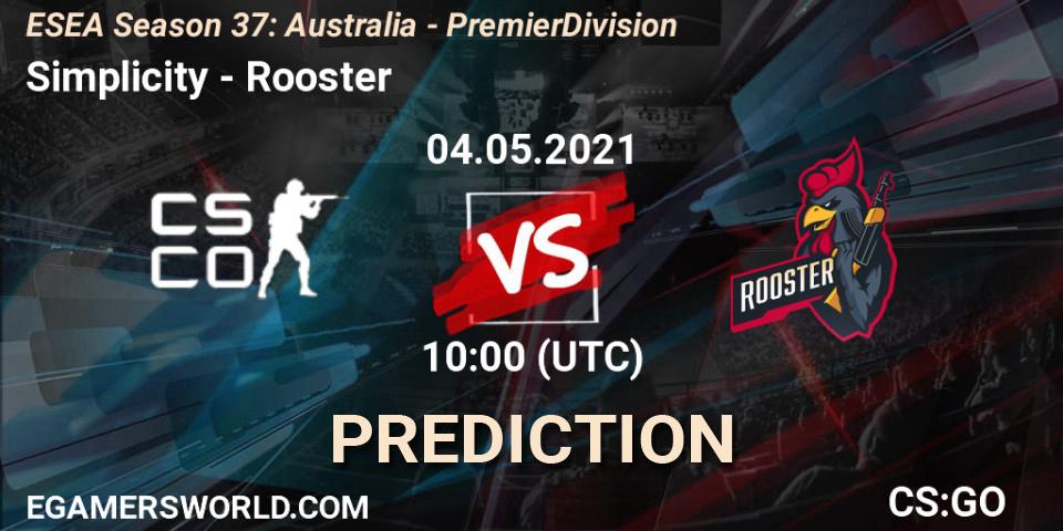 Simplicity vs Rooster: Match Prediction. 04.05.2021 at 10:00, Counter-Strike (CS2), ESEA Season 37: Australia - Premier Division