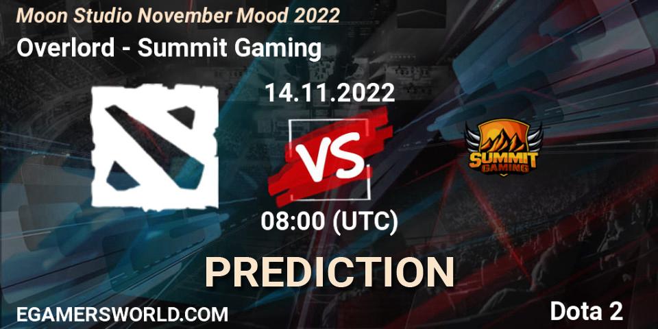Overlord vs Summit Gaming: Match Prediction. 14.11.2022 at 08:37, Dota 2, Moon Studio November Mood 2022