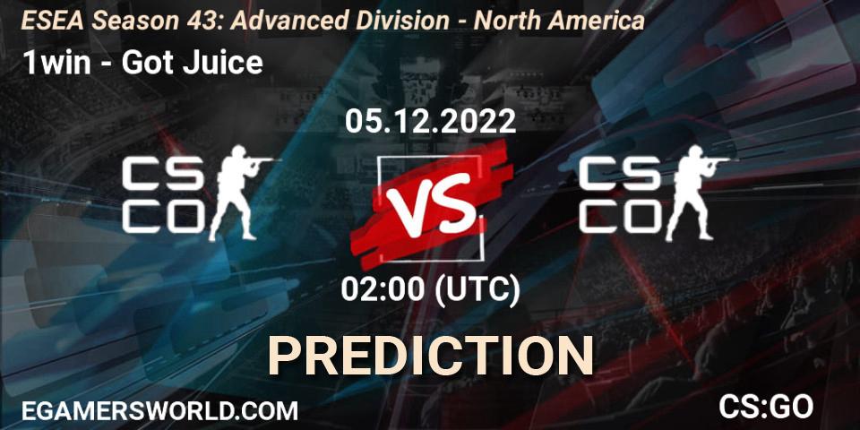 1win vs Got Juice: Match Prediction. 05.12.22, CS2 (CS:GO), ESEA Season 43: Advanced Division - North America