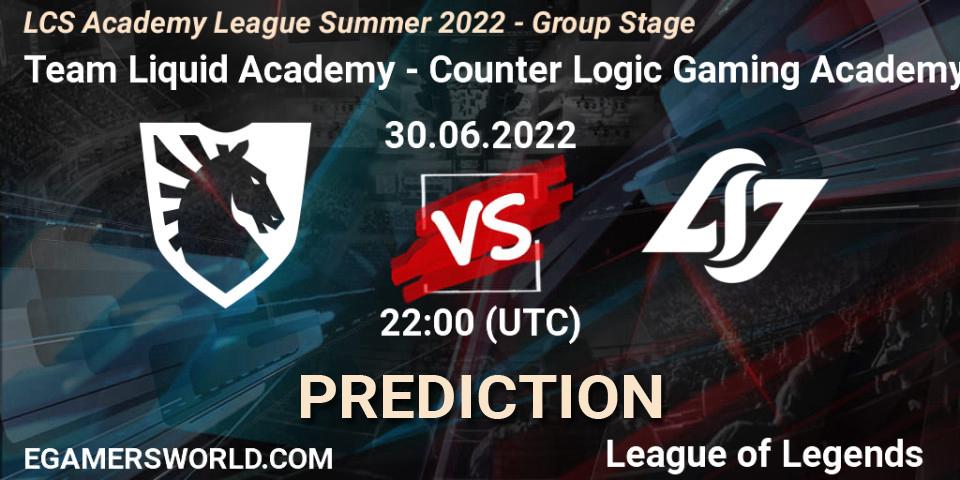 Team Liquid Academy vs Counter Logic Gaming Academy: Match Prediction. 30.06.2022 at 22:00, LoL, LCS Academy League Summer 2022 - Group Stage