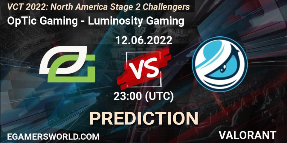 OpTic Gaming vs Luminosity Gaming: Match Prediction. 12.06.2022 at 22:05, VALORANT, VCT 2022: North America Stage 2 Challengers