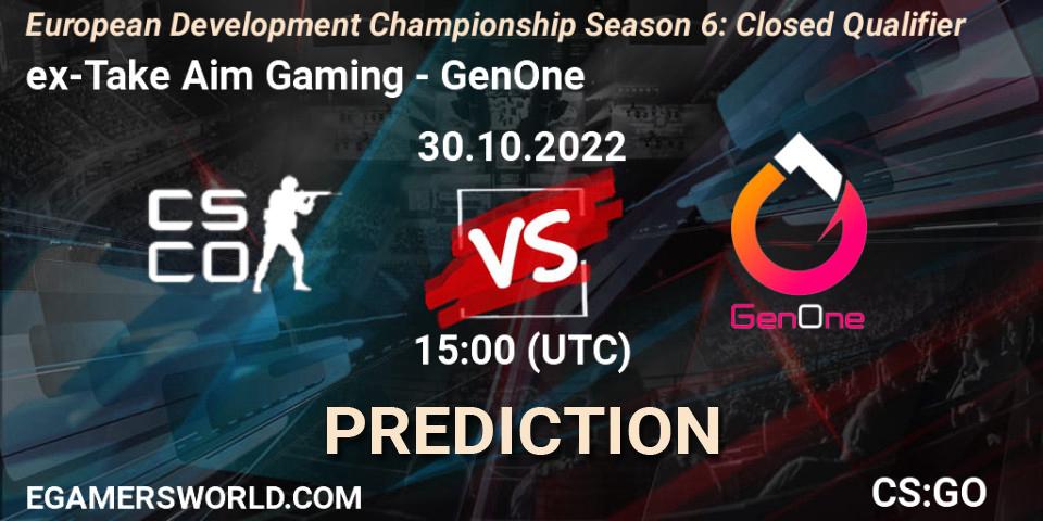 ex-Take Aim Gaming vs GenOne: Match Prediction. 30.10.2022 at 15:00, Counter-Strike (CS2), European Development Championship Season 6: Closed Qualifier