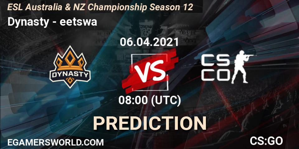 Dynasty vs eetswa: Match Prediction. 06.04.2021 at 08:00, Counter-Strike (CS2), ESL Australia & NZ Championship Season 12