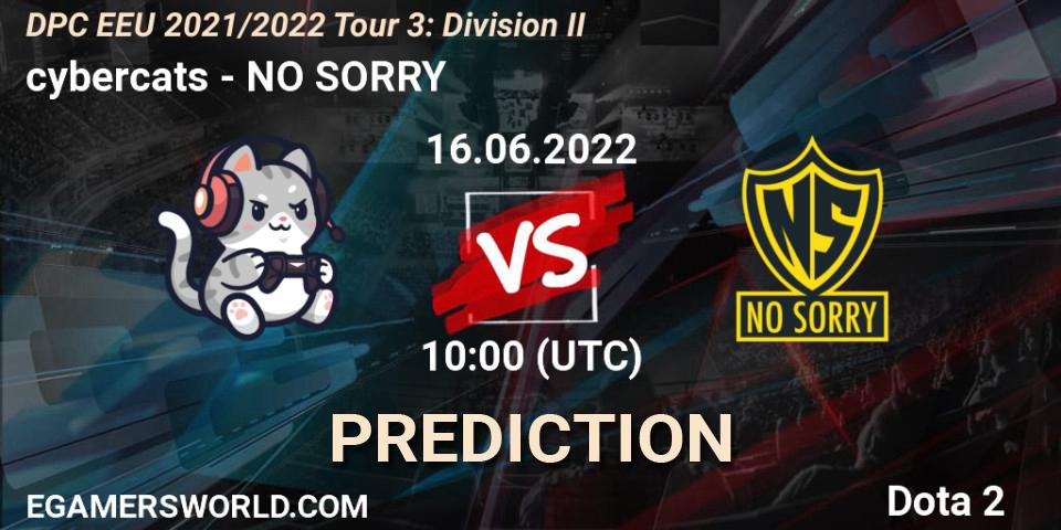 cybercats vs NO SORRY: Match Prediction. 16.06.2022 at 10:00, Dota 2, DPC EEU 2021/2022 Tour 3: Division II