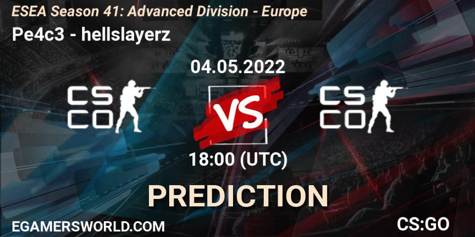 Pe4c3 vs hellslayerz: Match Prediction. 04.05.2022 at 18:00, Counter-Strike (CS2), ESEA Season 41: Advanced Division - Europe