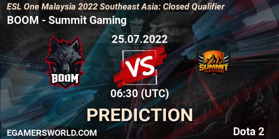 BOOM vs Summit Gaming: Match Prediction. 25.07.2022 at 07:05, Dota 2, ESL One Malaysia 2022 Southeast Asia: Closed Qualifier