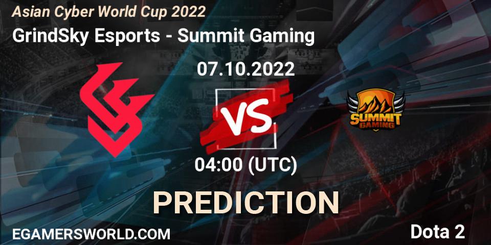 GrindSky Esports vs Summit Gaming: Match Prediction. 07.10.2022 at 04:12, Dota 2, Asian Cyber World Cup 2022
