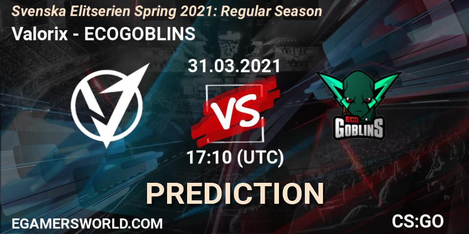 Valorix vs ECOGOBLINS: Match Prediction. 31.03.2021 at 17:10, Counter-Strike (CS2), Svenska Elitserien Spring 2021: Regular Season