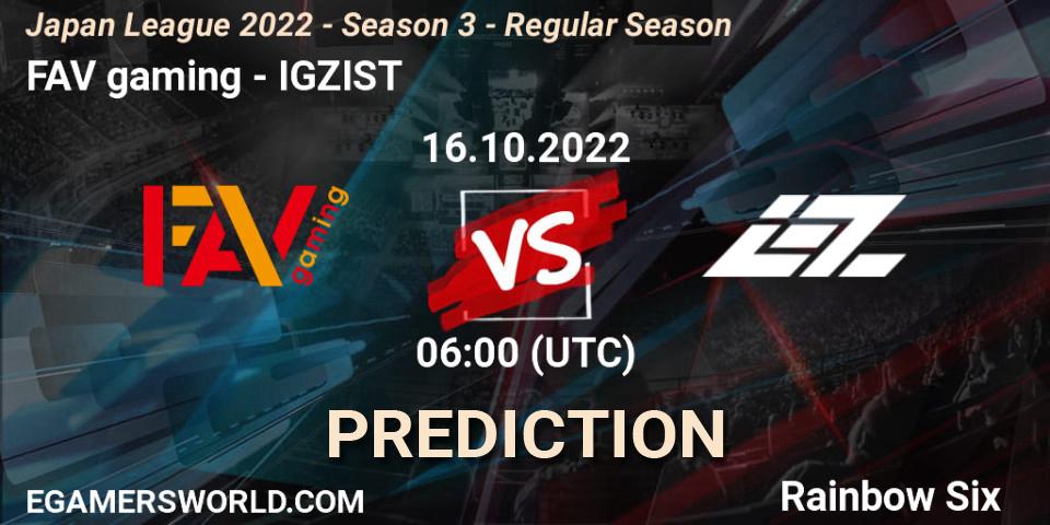 FAV gaming vs IGZIST: Match Prediction. 16.10.2022 at 06:00, Rainbow Six, Japan League 2022 - Season 3 - Regular Season