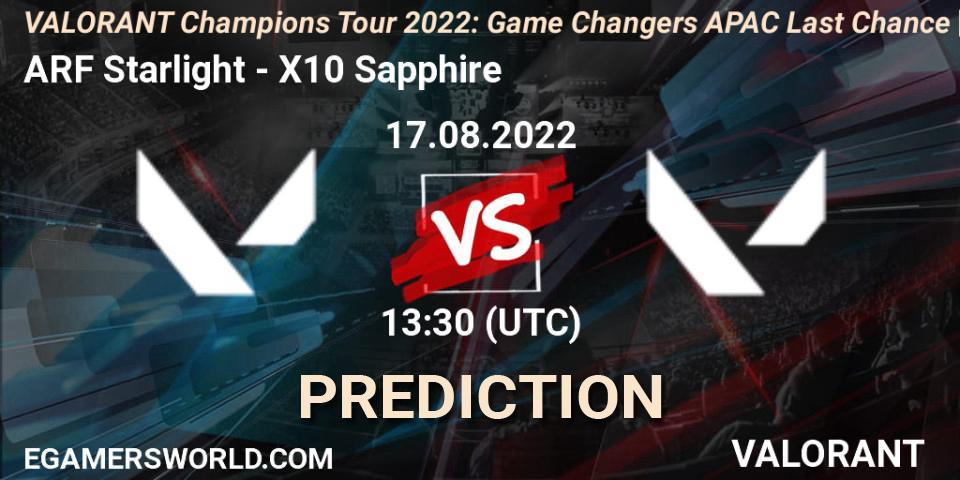 ARF Starlight vs X10 Sapphire: Match Prediction. 17.08.2022 at 13:30, VALORANT, VCT 2022: Game Changers APAC Last Chance Qualifier